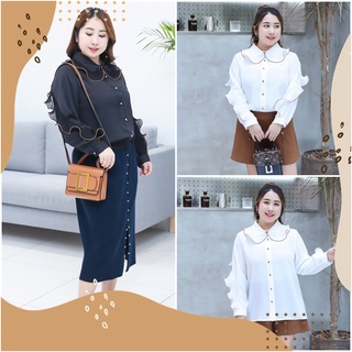 PMSWEET PLUSSIZE : PM4167 : พร้อมส่ง เสื้อผ้าไซส์ใหญ่ คนอ้วน สาวอวบ  เสื้อเชิ้ตแขนยาวคอปกตุ๊กตา เสื้อทำงาน เสื้อเช