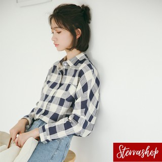 Sterrashop🌷Iris shirt เสื้อเชิ้ต ทรงหลวม แขนยาว ลายตาราง checkered สี navy