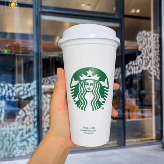 Starbucks ถ้วยนำมาใช้ใหม่พลาสติกสีดำ/สีขาว Starbucks แก้วที่มีฝาปิดฟางขวดน้ำฤดูร้อนกลางแจ้งแก้วกาแฟคลาสสิกแฟชั่น Starbucks แก้ว473มิลลิลิตร/16ออนซ์ flowerdance