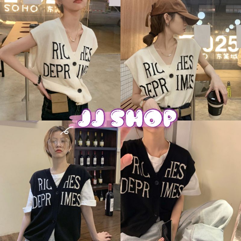 JJ Shop​ ​พร้อมส่ง เสื้อกั๊ก​ไหมพรมคอสี ลายตังอักษร​ผ้านิ่มใส่สบาย "94112" -C
