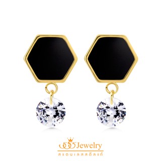 555jewelry ต่างหูสตั๊ดสแตนเลส สตีล รูปหกเหลี่ยม ประดับเพชร CZ ทรงกลม รุ่น MNC-ER999 - ต่างหูผู้หญิง ต่างหูแฟชั่น (ER57)