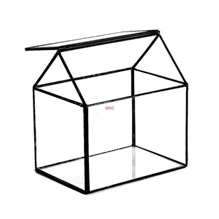 seng Geometric Glass Terrarium Box Handmade House Shape Close Glass Table Top DIY Display Planter Windowsill Flower Pot with Swing for Succulent Air Plants Moss Fern Lid Reptile(Black)