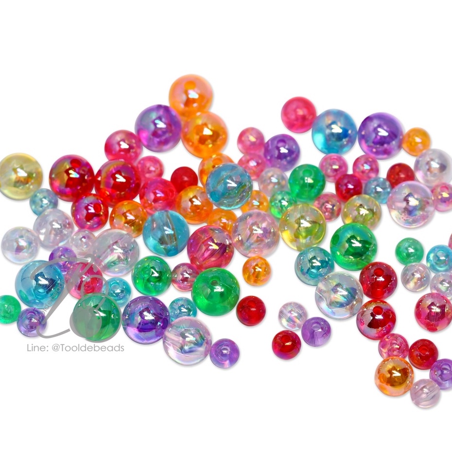 ลูกปัดพลาสติก เคลือบรุ้ง สีขาวรุ้งใส (50-100 กรัม)