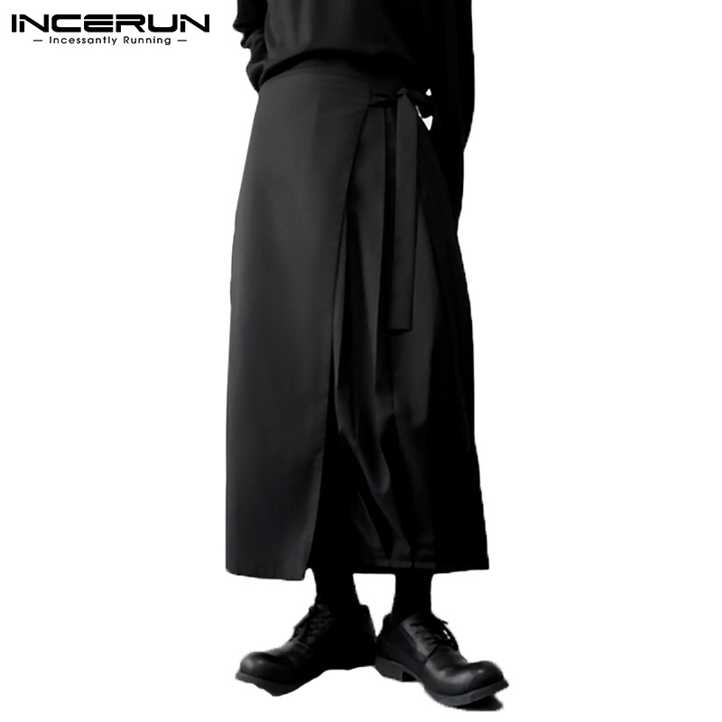 Incerun กางเกงขายาวขากว้างเอวยางยืดสีดําสําหรับผู้ชาย