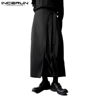Incerun กางเกงขายาวขากว้างเอวยางยืดสีดําสําหรับผู้ชาย