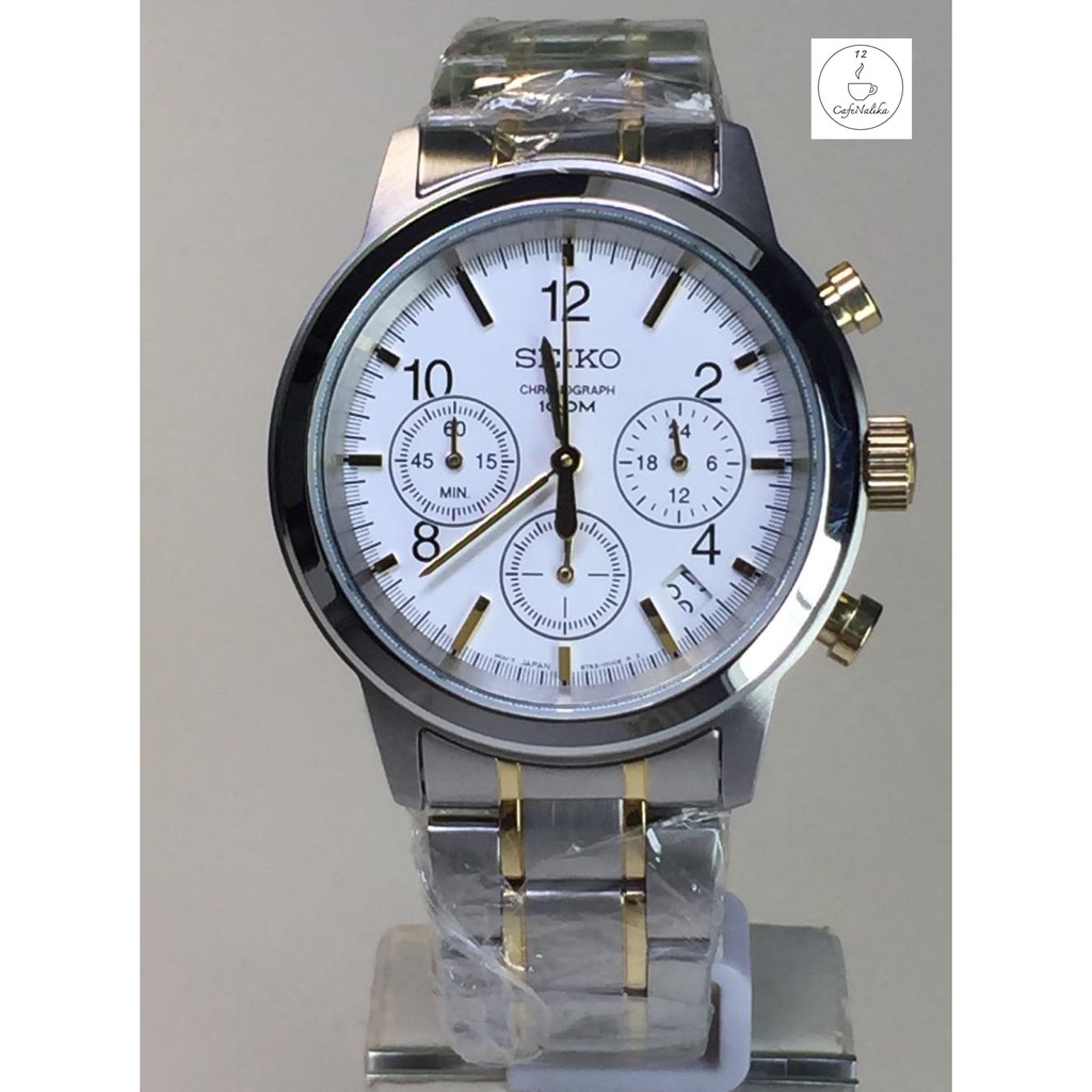 นาฬิกา ไซโก้ ผู้ชาย จับเวลาได้ Seiko Chronograph รุ่น SSB009P1หน้าปัทม์สีขาว สายสีเงินสลับทอง ของเเท้ 100% CafeNalika