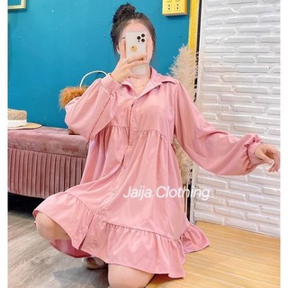 PE062 TARA Dress ชุดมินิเดรส คอปกเชิ้ต แขนยาว มีระบายที่ชายกระโปรง ผ้าไหมอิตาลีอย่างดี ผ้าไม่หนามาก ผ้าใส่สบาย ไม่ร้อน