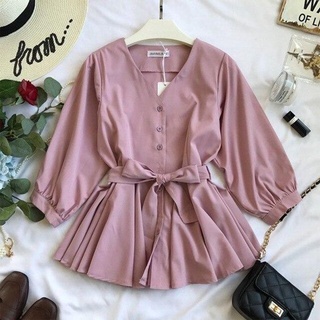 Vallina Outfit - Sasha Top Blouse Waist Strap Plain Button Atasan Remaja Wanita Korean Style Premium