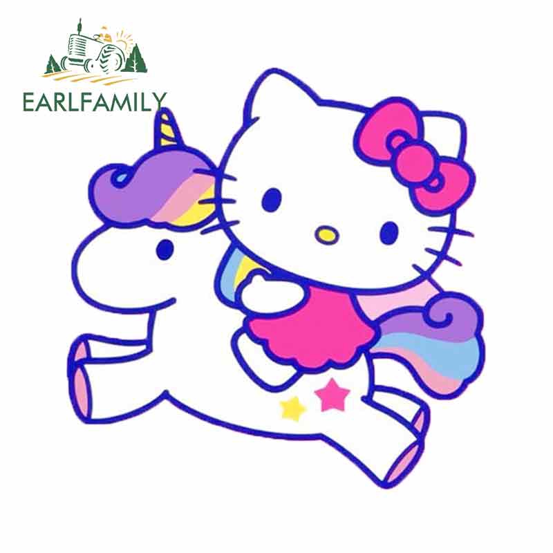 Earlfamily สติกเกอร์ไวนิล ลายการ์ตูนกราฟิก Hello Kitty Riding A Unicorn กันน้ํา 13 ซม. x 12.9 ซม. สําหรับติดตกแต่งรถยนต์ รถจักรยานยนต์ DIY