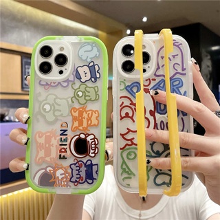 2-in-1 เคสโทรศัพท์มือถือแบบนิ่ม TPU ใส กันกระแทก ลายการ์ตูนมอนสเตอร์ตัวน้อย พร้อมสายคล้องข้อมือ ถอดออกได้ สําหรับ iPhone 11 12 13 Pro Max X XR XS Max 7plus 8plus