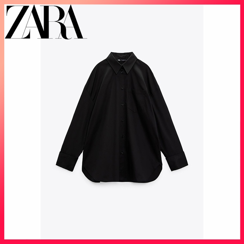 Zara ฤดูใบไม้ร่วงใหม่ ตรฟ เสื้อเชิ้ตผู้หญิงสีดําทรงหลวม