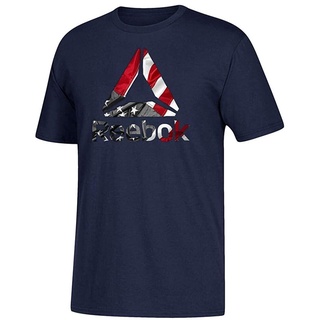 HH เสื้อยืดลำลอง Reebok Crossfit Mens Navy Blue Delta USA Wavy Flag Logo Dual-Blend T-Shirt Popular T-shirts คอกลมS-5XL