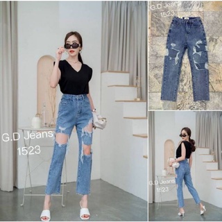 G.D.Jeans รุ่น 1523#กางเกงยีนส์แฟชั่นขายาวผ้าด้านทรงบอยสีฟอกแต่งขาดเซอร์ๆเก๋ๆ