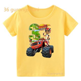 เสื้อยืด พิมพ์ลายการ์ตูนมอนสเตอร์ Blaze And The Monster Machines สีเหลือง สําหรับเด็กผู้ชาย ผู้หญิง อายุ 2 3 4 5 6 7 8 ปี