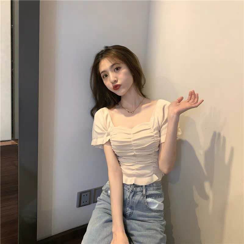 [ รุ่น 005-3 ] Best clothes เสื้อครอปไหมพรมคอเหลี่ยมแขนสั้นทรงรัดรูปแฟชั่นเกาหลี