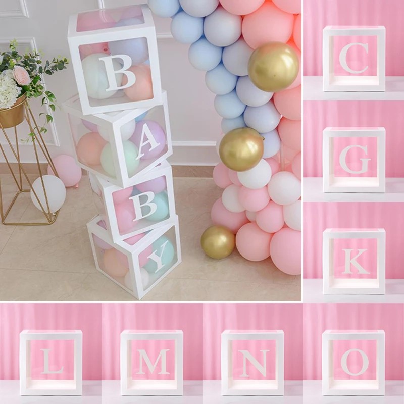 Diy AZ ตัวอักษรโปร่งใสบอลลูนกล่องเด็กผู้หญิง Happy Birthday Party Decoation Baby Shower บอลลูนเด็กงานแต่งงานฉากหลังครบรอบตกแต่ง