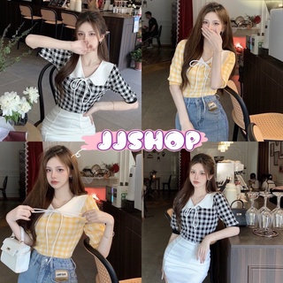 JJ Shop​💜​พร้อมส่ง  เสื้อไหมพรม แชนสั้น คอบัวน่ารักมาก ดีเทลลายตาราง2สี "8K51" -C