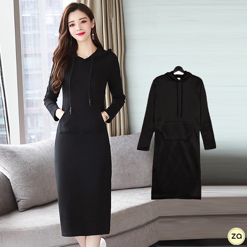 HOT SALE ชุดเดรสยาวสีดำ ผ้าสำลีหนา แขนยาวมีฮู๊ด