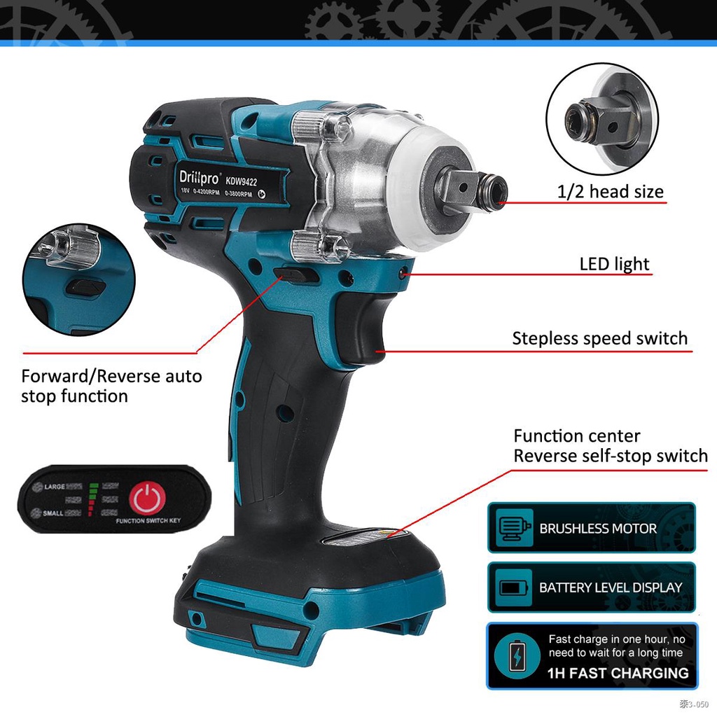 ☼18V Brushless Impact Wrench 1/2 inch Cordless Electric Wrench Power Tool 520N.m High Torque Rechargeable For Makita Bat