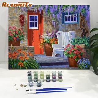 Ruopoty ภาพวาดระบายสีตามตัวเลข รูปบ้านดอกไม้ บนผ้าใบ แฮนด์เมด ขนาด 40x50 ซม. สําหรับตกแต่งผนังบ้าน DIY