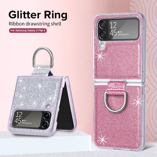 With Ring Glitter Bling Back Cover For Samsung Galaxy Z Flip4 Flip 4 5G Case Hard PC Frame Shockproof Coque Sumsung ZFlip4 Funda