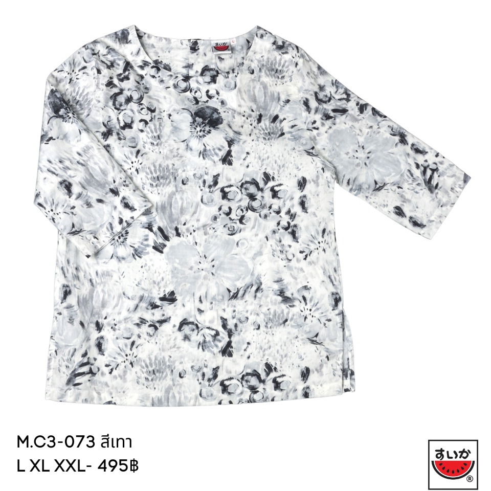 เสื้อแตงโม (SUIKA) - เสื้อผ้าป่านมัสลิน คอปาดกระดุมหลัง 3 เม็ด แขนสามส่วน ลายดอกไม้ ( M.C3-073 )