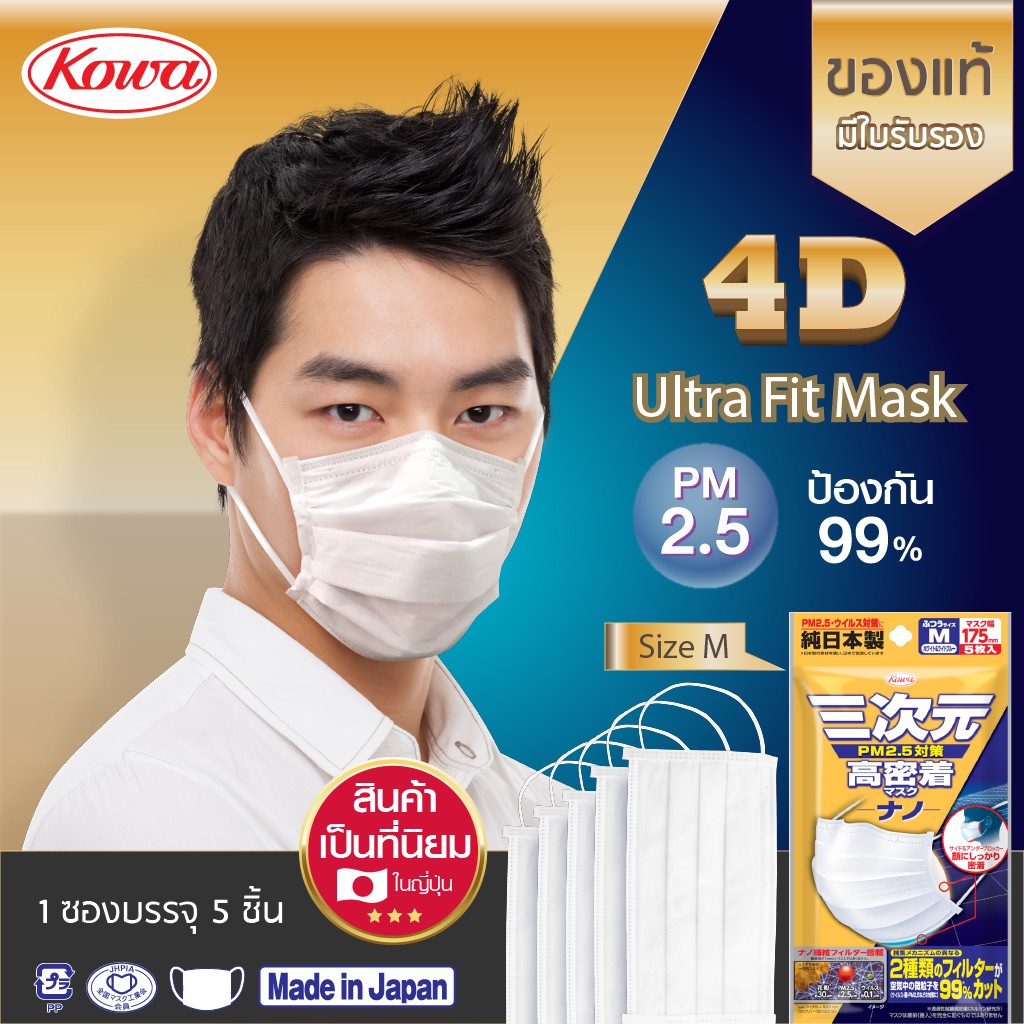 KOWA หน้ากากอนามัย กันฝุ่น PM2.5 3D Ultra Fit Mask Size M แพ็ค5ชิ้น