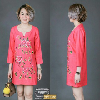 Granddesignplus BB2232*สีชมพู*"รอบอก 44" เดรสคอตต้อนลินินเบลนด์ปักดิ้นสีสันสดใส