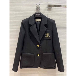 CELINE TRIOMPHE LOGO EMBROIDERED BLAZER JACKET IN BLACK เสื้อสูทสีดำ เบลเซอร์ แบรนด์ซีลีน ปักสัญลักษณ์โลโ้ทรอมฟี่ สีทอง