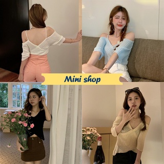 Mini shop🌸พร้อมส่ง🌸 (6533-1)  เสื้อเปิดไหล่ไหมพรม แขนสั้า ผ้าบางใส่สบายถักไหมพรมอย่างดี -C