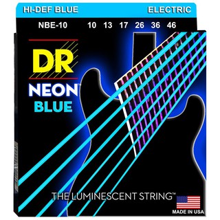 DR Strings สายกีตาร์ไฟฟ้า แบบเรืองแสง เบอร์ 10 สายเคลือบ สีน้ำเงินนีออน รุ่น NBE-10 (Medium, 10-46) ** Made in USA **