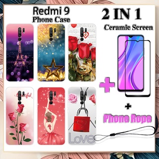 2 IN 1 Redmi 9 เคสโทรศัพท์ พร้อมกระจกนิรภัย เซรามิค ป้องกันหน้าจอ โค้ง ฟิล์มนิรภัย โรแมนติก