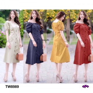 เดรสคอกว้างแต้งกระดุมหน้า TT8989 Wide neck dress with buttoned front