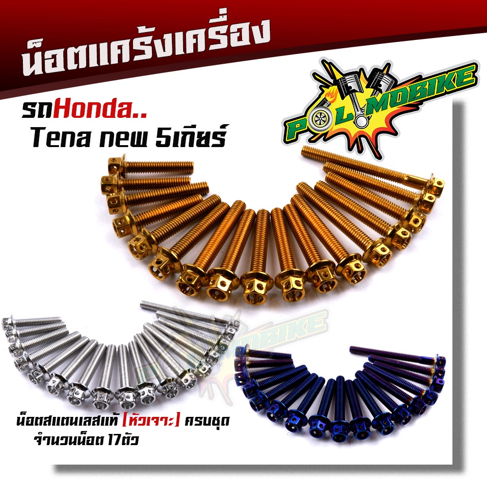 น็อตแคร้งเครื่อง TENA NEW 5 เกียร์ เลสแท้100% (1ชุด 17ตัว) น็อตหัวเจาะ  น็อตแคร้งเทน่า