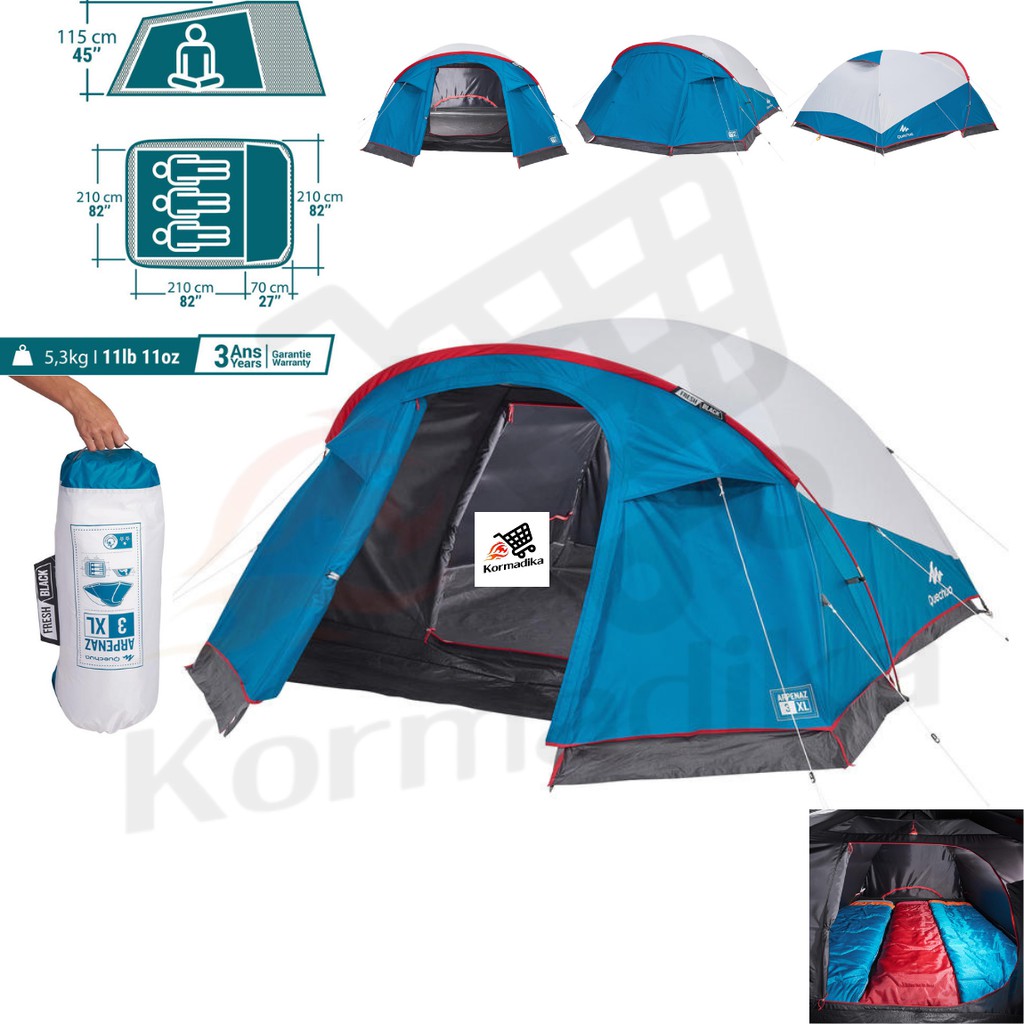 เต็นท์นอน3คน เต็น QUECHUA เต็นท์ สำหรับ 3 คน ARPENAZ รุ่น ARPENAZ CAMPING TENT FRESH &amp; BLACK XL 3 PEOPLE