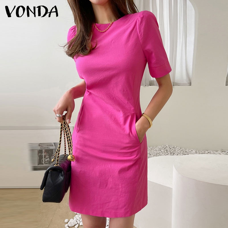 Vonda ชุดมินิเดรส คอกลม แขนสั้น สไตล์เกาหลี สําหรับผู้หญิง