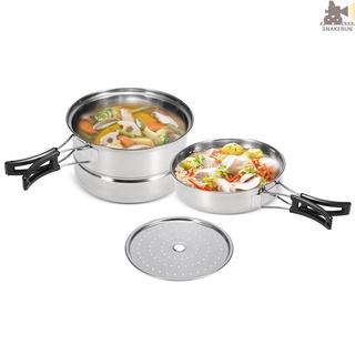 Snakerun 3Pcs Camping Cookware Set Stainless Steel Pot Frying Pan Steaming Rack Outdoor Home Kitchen Cooking Set