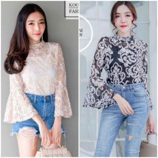 เสื้อลูกไม้เรียบหรู เสื้อลูกไม้ เสื้อลูกไม้แขนยาว เสื้อออกงาน ชุดออกงาน เสื้อแขนยาว เสื้อแขนกระดิ่ง เสื้อเกาหลี