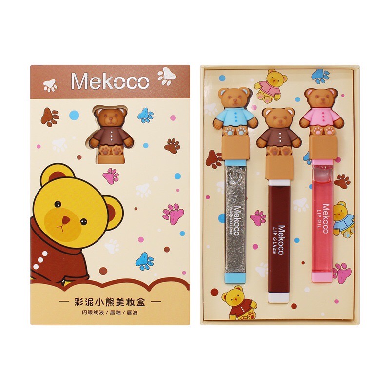 M7001 Mekoco เซต ลิปสติก ลิปออย กลิตเตอร์ทาเปลือกทา 3 แท่ง ลายน้องหมี ลิปเนื้อแมทท์ มันวาว กลิตเตอร์