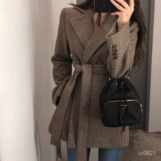 ♥S MissPrivate Customization♥【Existing】Woolen Coat Female Suit New Plaid Lace-up Cinched Thickening Woolen Coat