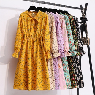 Ready Stock 12 Color Yellow Purple Pink Black Green Blue Fashion Korean Womens Elegant Floral Dot Korean Long Sleeve Dress