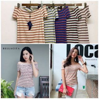 พร้อมส่ง#368เสื้อยืดคอปาดลายริ้ว  แขนสั้นbellacita