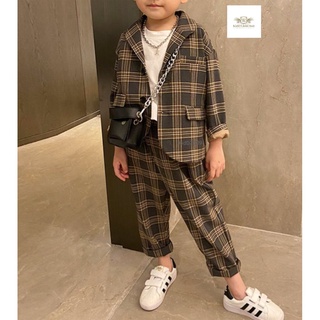 Checker Brown Suit ชุดสูท สูทเด็ก สีน้ำตาลลายตาราง ชุดเซท 2 ชิ้น เสื้อนอกมีซับใน+กางเกงเอวยางยืด เกาหลีสไตล์ ขนาด 90,...