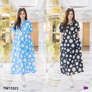 JK13523 Maxi Dress #สาวอวบ แม็กซี่เดรส แขนสั้น มีฮู้ด ทรงเอ มีกระเป๋าล้วงข้างลำตัว