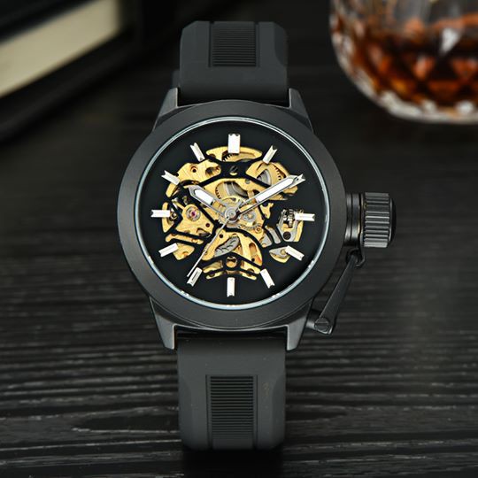 นาฬิกาข้อมือ นาฬิกาข้อมือผู้ชาย ระบบออโต้ Automatic Men Watch นาฬิกาข้อมือสายยางซิลิโคน FN01-BLK