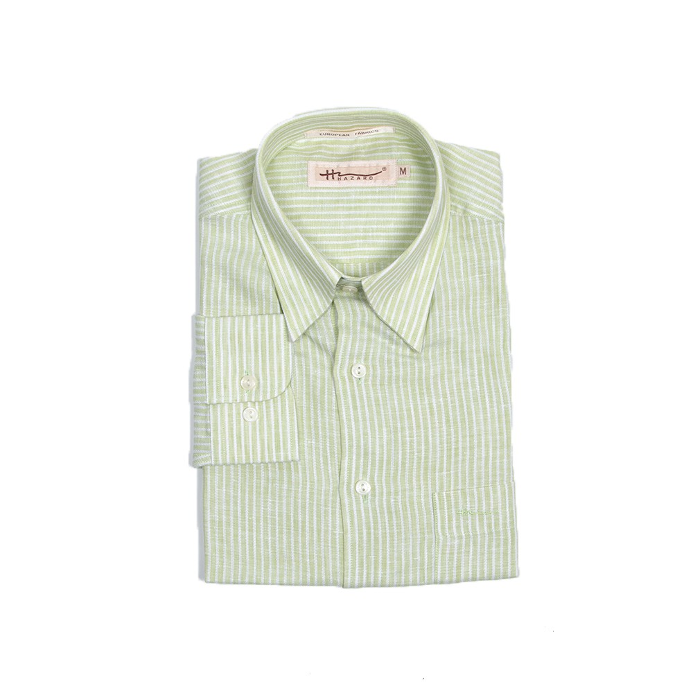 Hazard เสื้อเชิ้ตทำงานแขนยาวลายทาง ผ้า Linen(ลินิน) สีเขียวกลาง