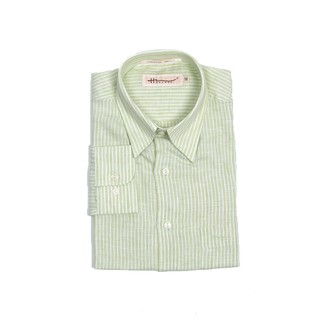 Hazard เสื้อเชิ้ตทำงานแขนยาวลายทาง ผ้า Linen(ลินิน) สีเขียวกลาง