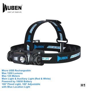 ไฟฉายคาดหัว Wuben H1 พร้อมถ่านขนาด 18650 100° Flood Light, 180° Adjustable 1200 ลูเมน