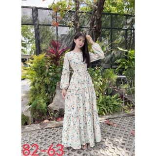 82-63# ชุดเดรสผ้าชีฟองเนื้อทราย🌼 พิมพ์​ลายดอกไม้สุดน่ารัก💐
