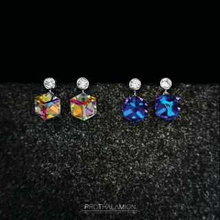 Classy Import Clear Blue Crystal Prism Earrings ต่างหู ตุ้มหู นำเข้า คริสตัล สีใส น้ำเงิน ประดับ เพชร สำหรับ ผิวแพ้ง่าย